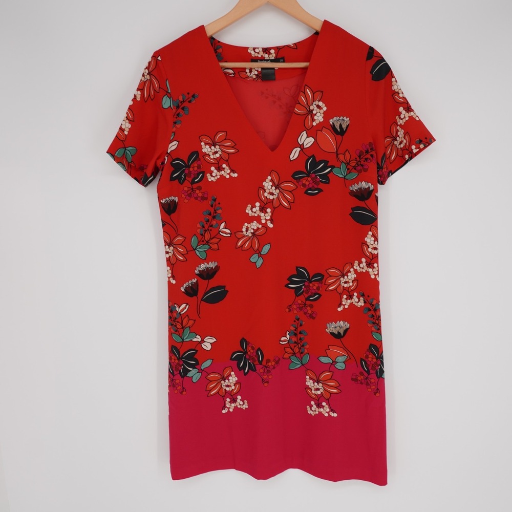 Desigual Floral Shift Dress Womens EU 38 M Red V Neck Short Sleeve Lined Office - Picture 2 of 16